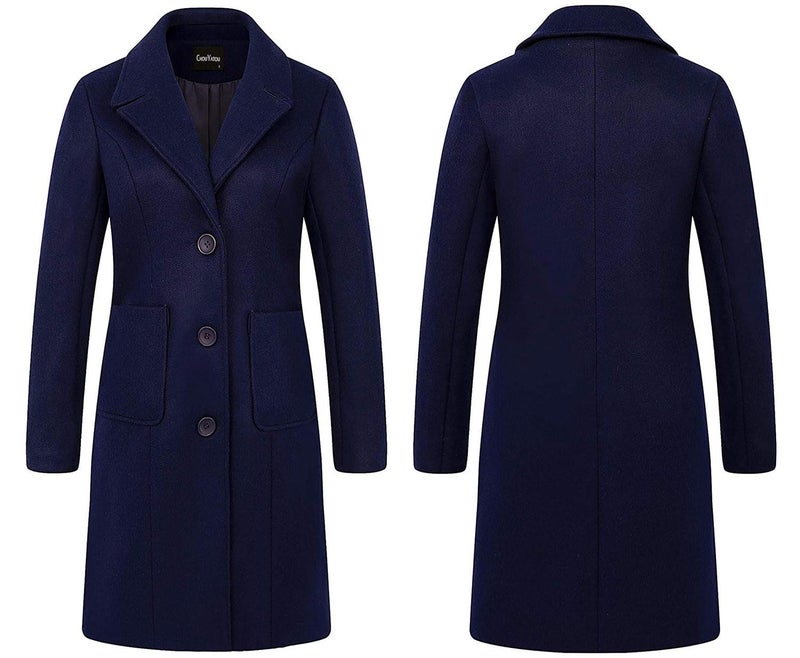 chouyatou Women's Big Notch Lapel Single Breasted Mid-Long Wool Blend Coat (Medium, Navy Blue) - Image 3